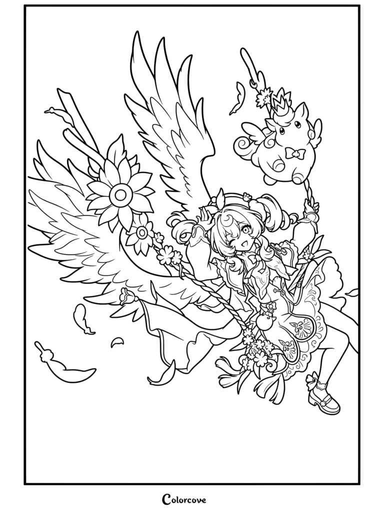 Dibujo para colorear de Honkai Star Rail con Hyacine luciendo grandes alas emplumadas, sosteniendo una varita mágica con un unicornio y rodeada de flores y plumas flotantes.