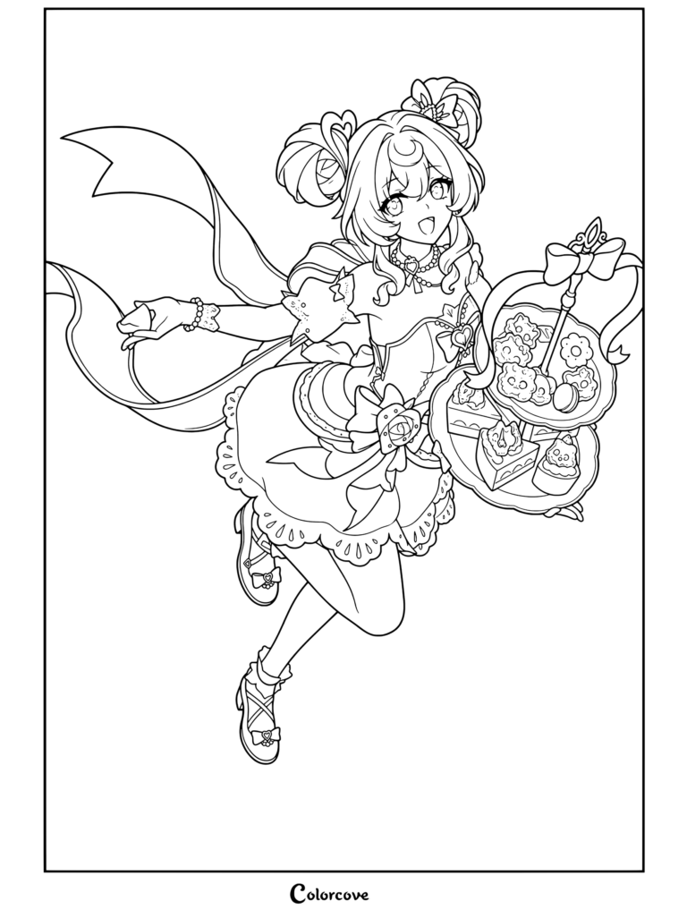 Dibujo para colorear de Hyacine de Honkai Star Rail con el atuendo Warm Cotton Skies llevando una bandeja de repostería.