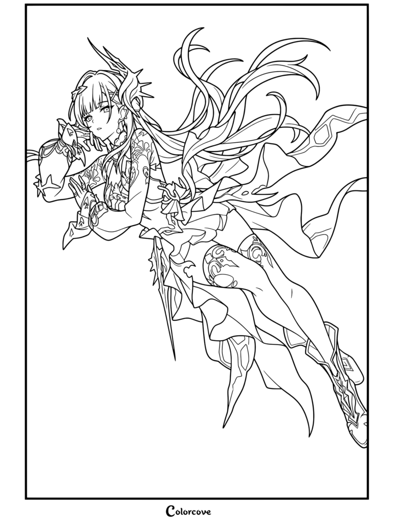 Dibujo para colorear de Honkai Star Rail con Hysilens en un elaborado retrato posando con cabello ondeante y ropa ornamentada.