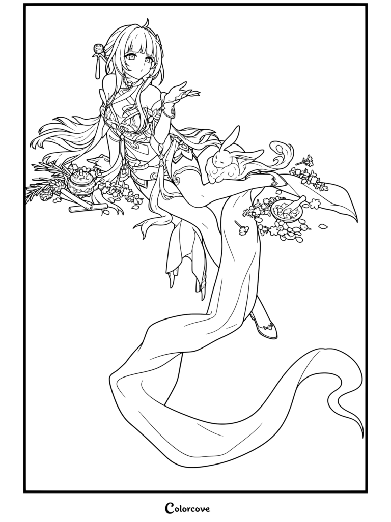Dibujo para colorear e imprimir gratis de Honkai Star Rail con Lingsha rodeada de flores, hierbas y un adorable conejo.