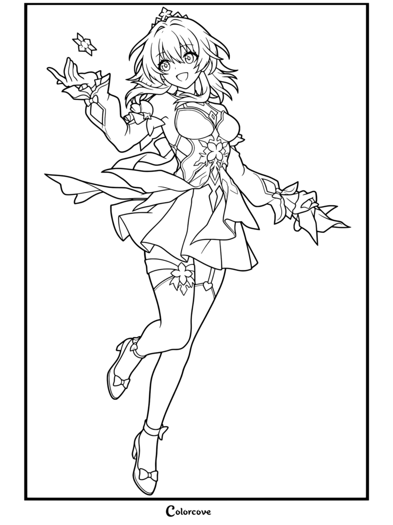 Dibujo para colorear de Honkai Star Rail con Siete de Marzo en su atuendo de la Conservación Brote primaveral, sonriendo y sosteniendo una estrella brillante.