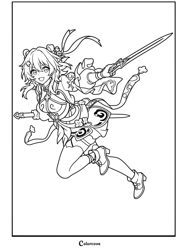 Detallado dibujo para colorear de Honkai Star Rail con Siete de Marzo en su atuendo de la Cacería blandiendo una espada en el aire