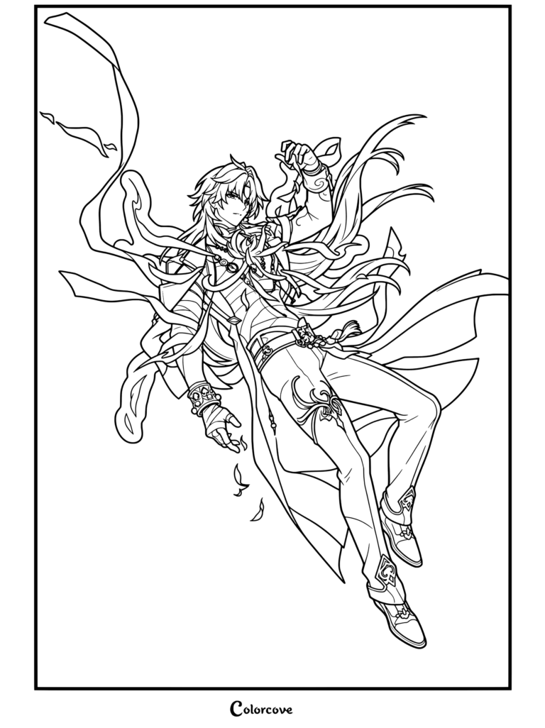 Detallado dibujo para colorear de Blade Mortenax de Honkai Star Rail en una dinámica pose de retrato.