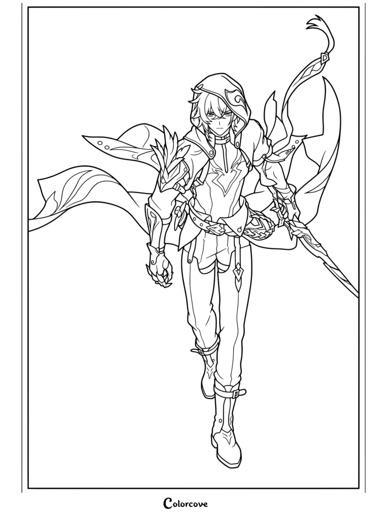 Dibujo para colorear de Honkai Star Rail con Moze caminando hacia adelante luciendo su característica capucha y armadura dinámica.