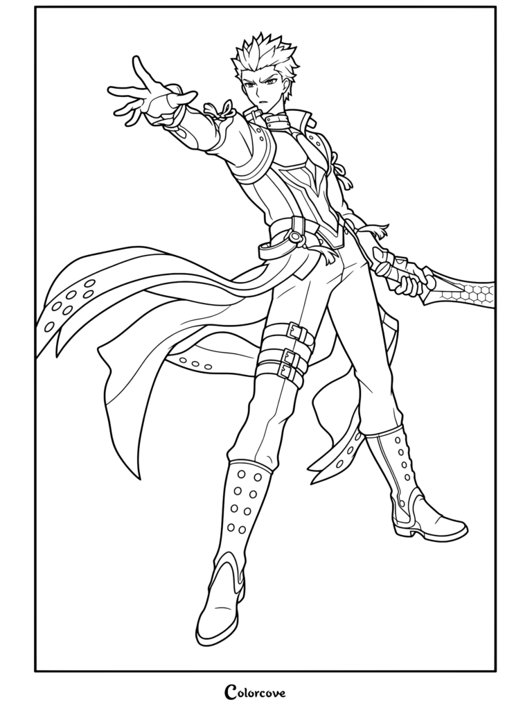 Dibujo para colorear del retrato del personaje Archer de Honkai Star Rail con Archer en una pose dinámica con la mano extendida y una espada.