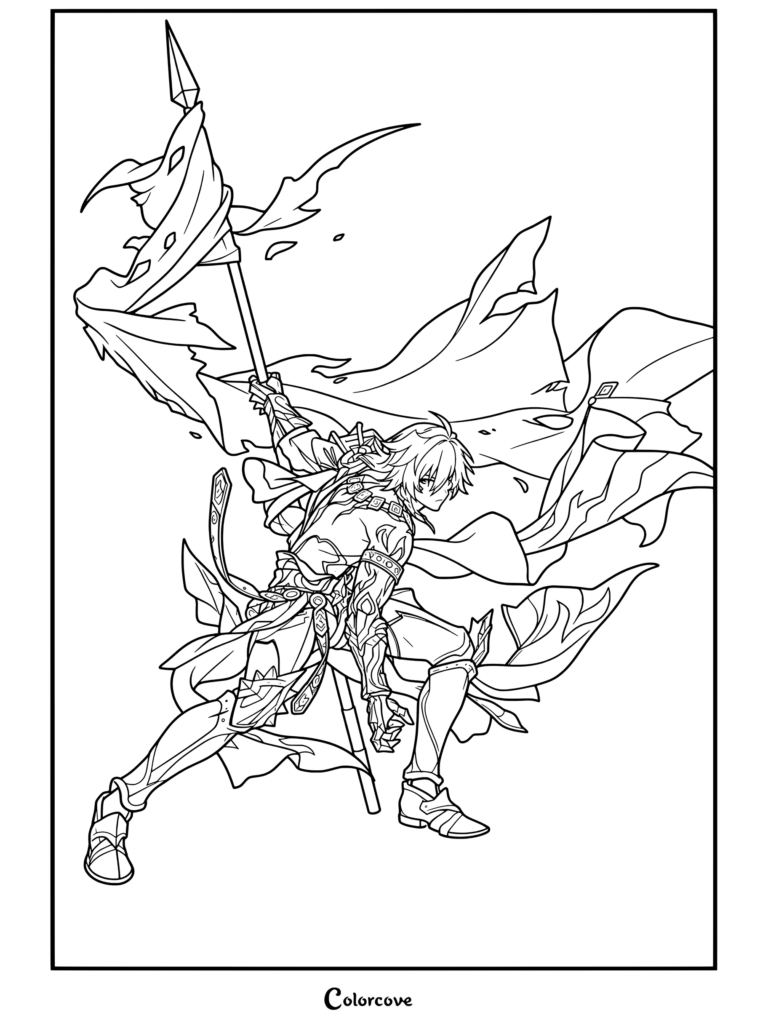 Dibujo para colorear de Honkai Star Rail con Mydei sosteniendo una gran lanza y un estandarte flotante con capa dinámica en pose de batalla.