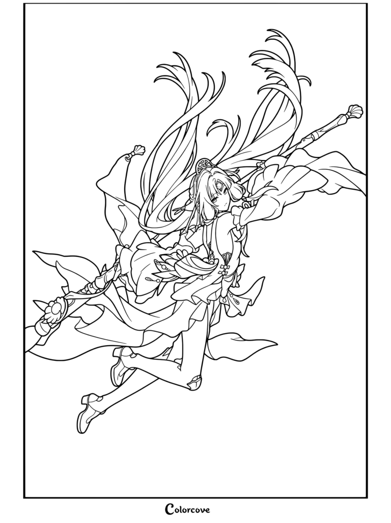 Dibujo para colorear de Honkai Star Rail con Pearl en una pose dinámica de retrato.