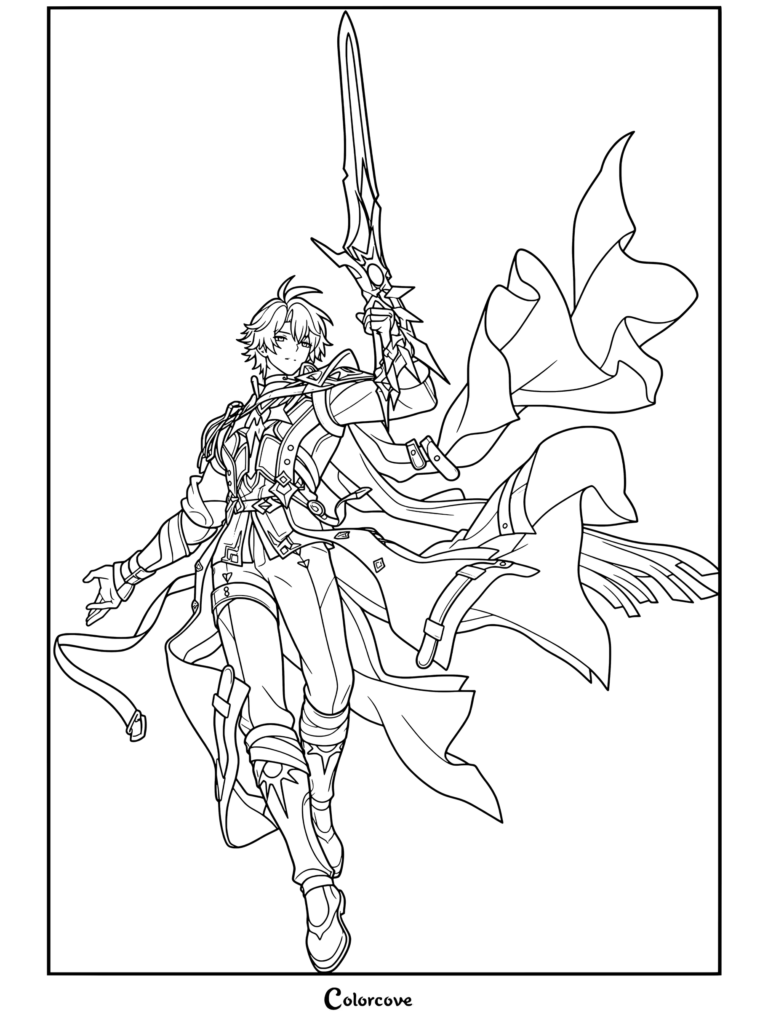 Dibujo para colorear de Honkai Star Rail con Phainon sosteniendo una espada con una capa ondeante.