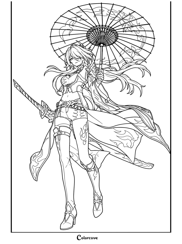 Dibujo para colorear de Acheron sosteniendo un paraguas y una espada de Honkai Star Rail.