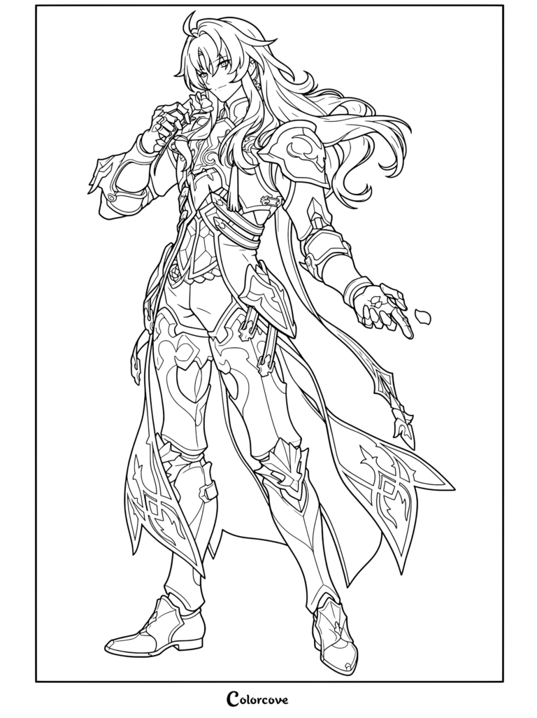 Dibujo para colorear del retrato de Argenti de Honkai Star Rail, con el noble caballero sosteniendo una rosa con su detallada armadura.