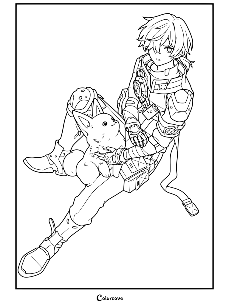 Arlan sentado y abrazando a Peppy en este detallado dibujo para colorear de Honkai Star Rail.