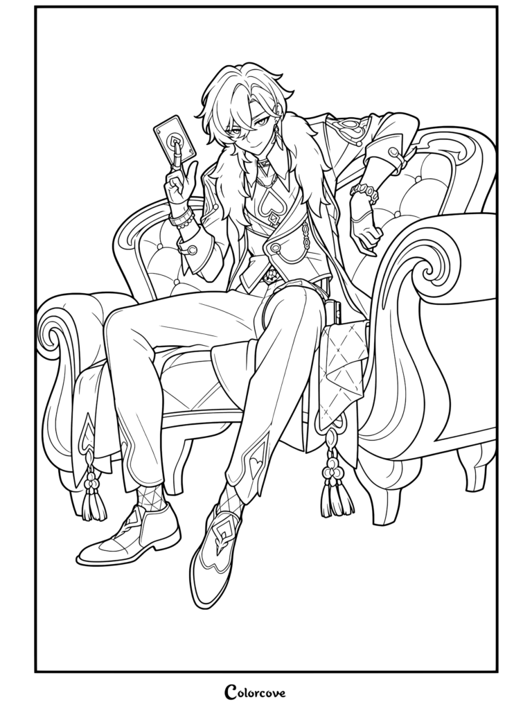 Dibujo para colorear de Aventurino de Honkai Star Rail sosteniendo una carta mientras se sienta en un sillón lujoso.
