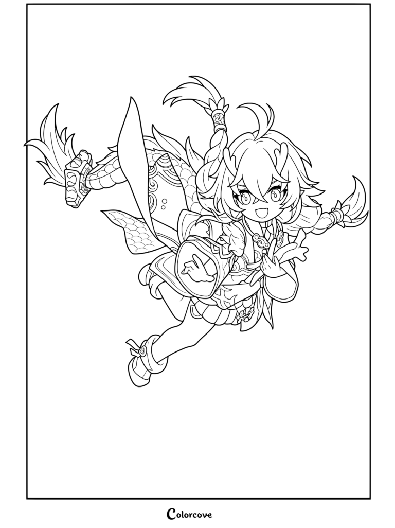 Detallado dibujo para colorear de Bailu de Honkai Star Rail en una enérgica pose de salto con atuendo tradicional.