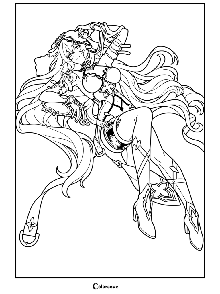 Dibujo para colorear del retrato de Cisne Negro de Honkai Star Rail con un detallado arte lineal de su complejo atuendo y cabello ondeante.