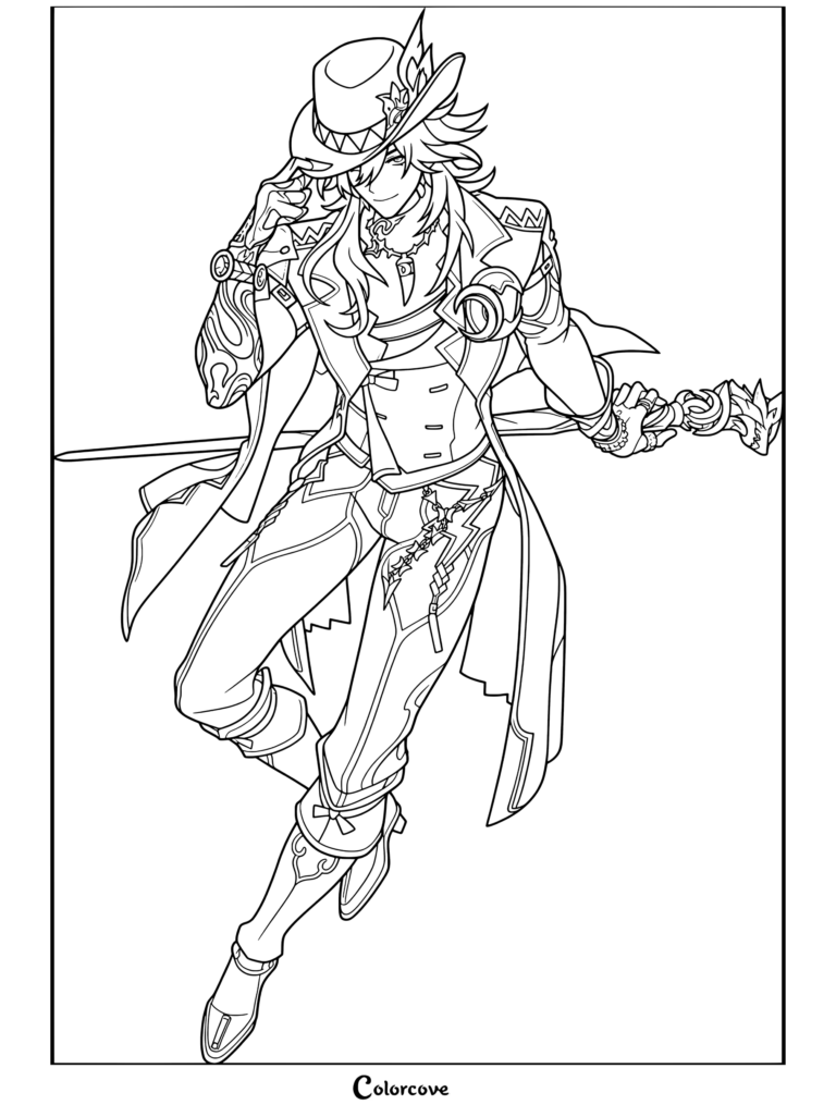 Dibujo para colorear del retrato de Ashveil de Honkai Star Rail con el personaje posando con un sombrero y un bastón.