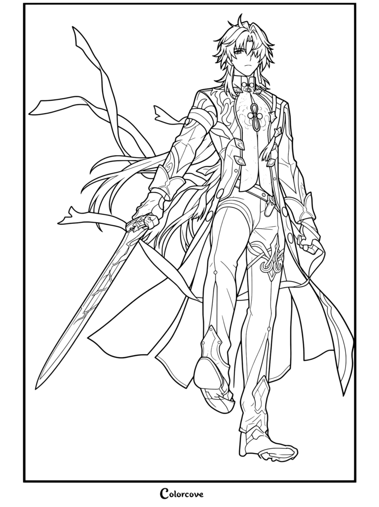 Dibujo para colorear e imprimir de Blade sosteniendo una espada de Honkai Star Rail.