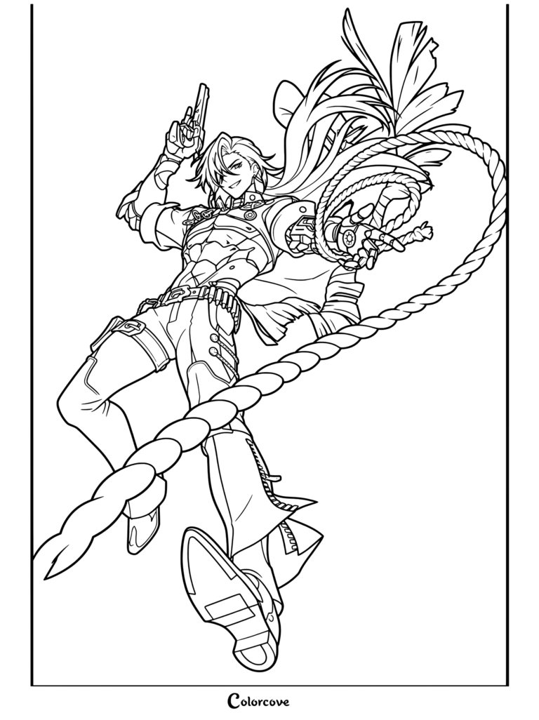 Dibujo para colorear e imprimir gratis de Boothill de Honkai Star Rail realizando una pose de acción dinámica con un látigo y una pistola.