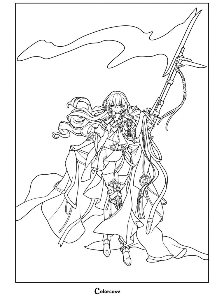 Dibujo para colorear de Honkai Star Rail con un detallado retrato del personaje Bronya sosteniendo su arma.