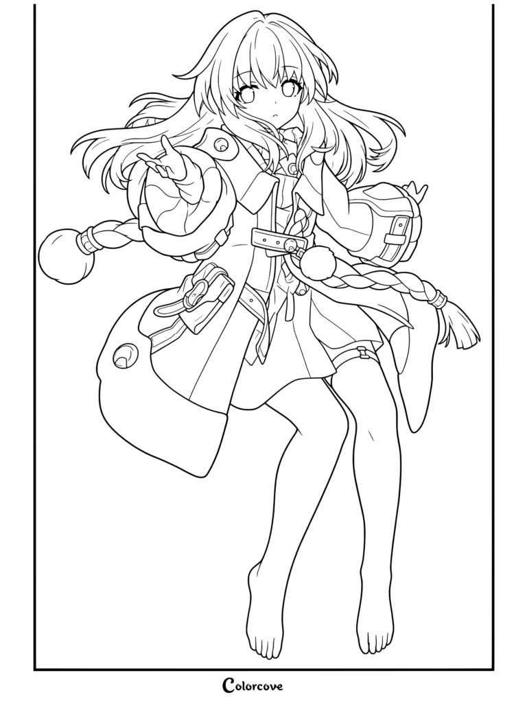 Dibujo para colorear del retrato de Clara con su abrigo holgado de Honkai Star Rail.
