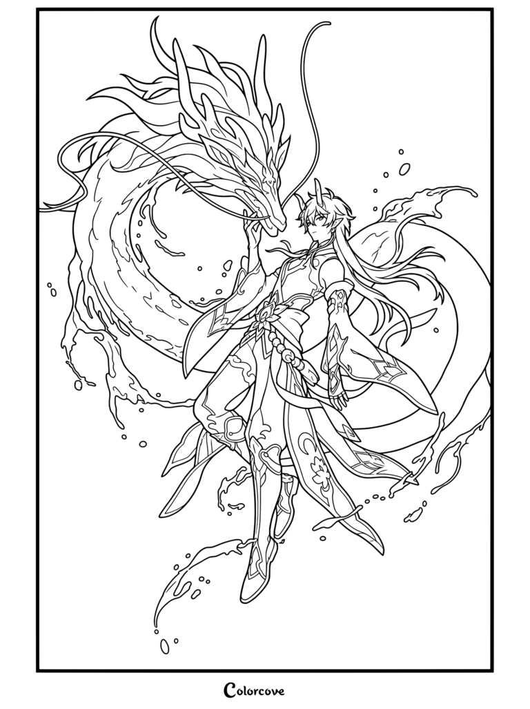 Dibujo para colorear e imprimir de Honkai Star Rail con Dan Heng - Imbibitor Lunae invocando a un majestuoso dragón entre torbellinos de agua.