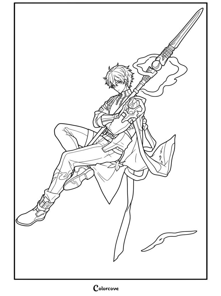 Dibujo para colorear del retrato de Dan Heng de Honkai Star Rail mostrando al personaje con su lanza característica en una pose dinámica.