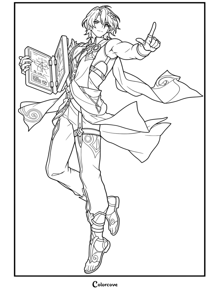 Dibujo para colorear e imprimir gratis del Dr. Ratio de Honkai Star Rail sosteniendo un libro abierto y señalando.