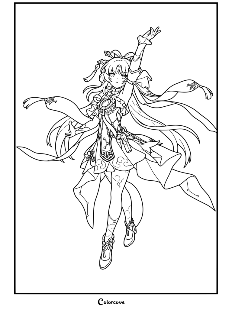 Detallado dibujo para colorear de Fu Xuan de Honkai Star Rail en una expresiva pose dinámica con cintas ondeantes.