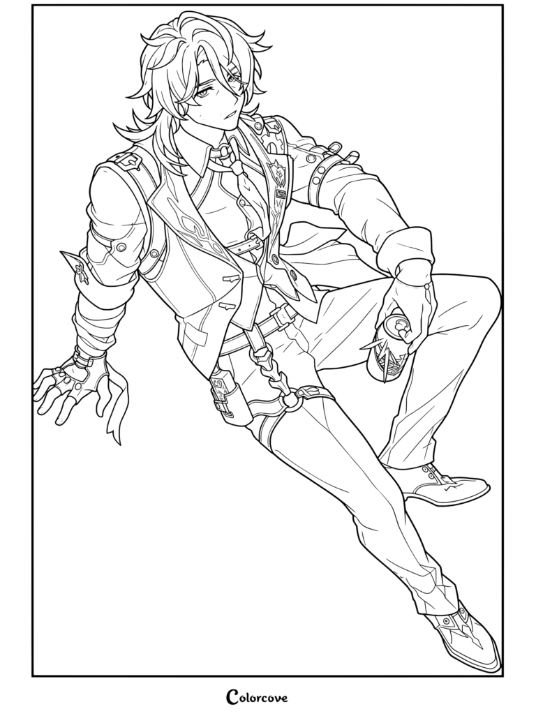El personaje Gallagher de Honkai Star Rail sosteniendo una bebida en una pose casual sentada, disponible como dibujo para colorear e imprimir.