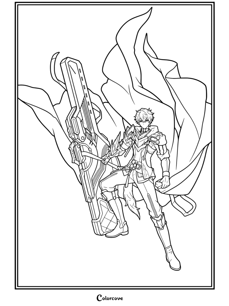 Dibujo para colorear del retrato de Gepard de Honkai Star Rail mostrando al capitán con su capa y arma.
