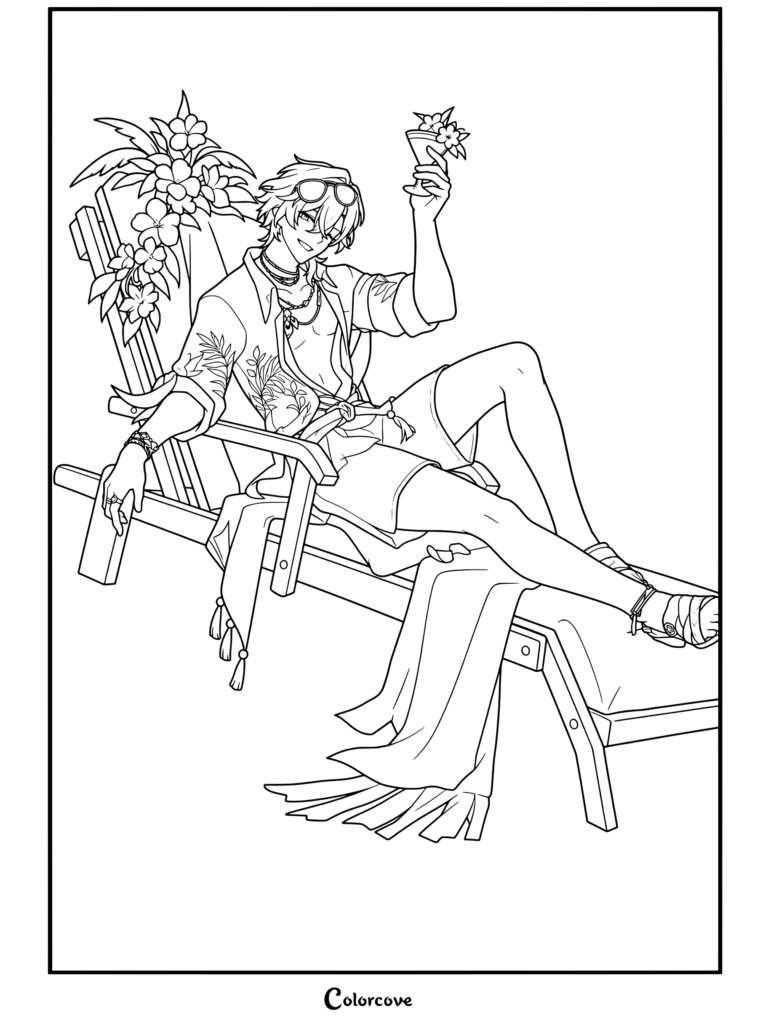 Dibujo para colorear de Honkai Star Rail con Aventurino Estilo Ondas relajándose en una tumbona tropical con una bebida.