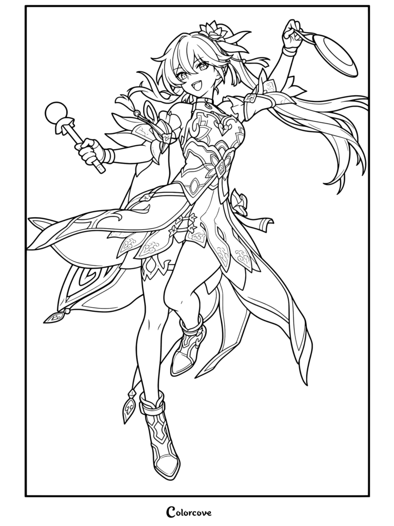 Dibujo para colorear de Honkai Star Rail con Guinaifen haciendo un espectáculo con sus accesorios en una pose dinámica