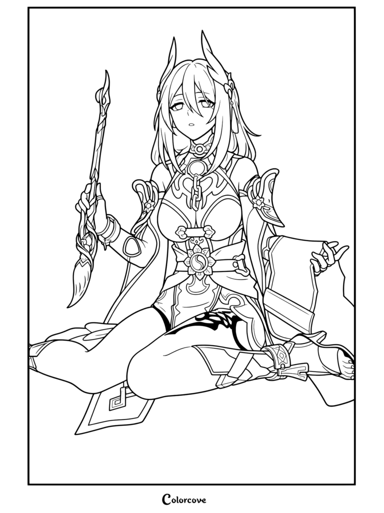 Dibujo para colorear del retrato de Hanya de Honkai Star Rail mostrando a la jueza de la Comisión de los Diez Líderes sosteniendo un pincel.