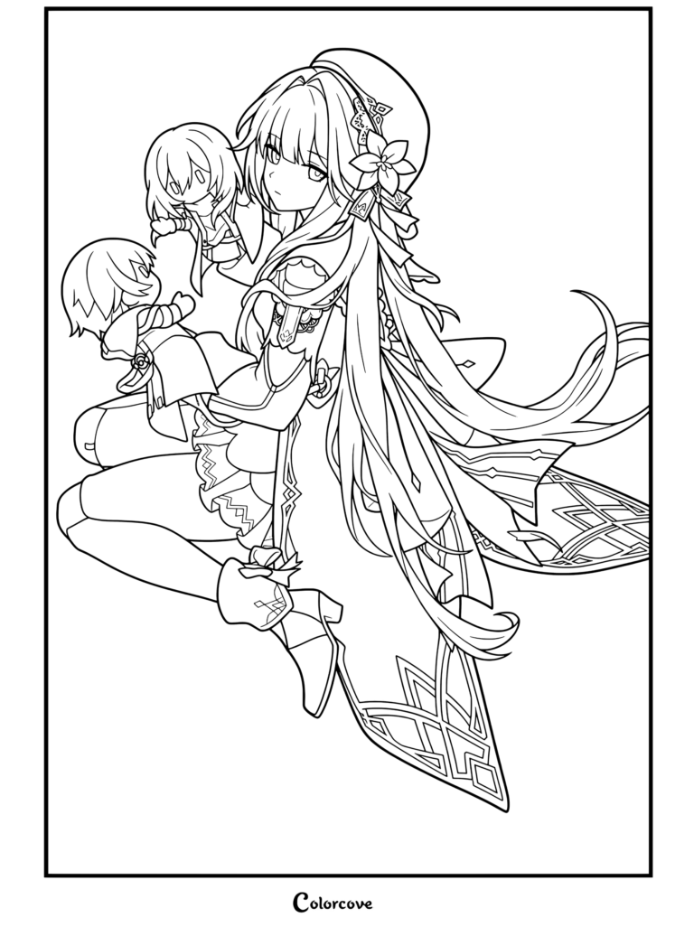 Herta sosteniendo sus características marionetas en un detallado dibujo para colorear inspirado en Honkai Star Rail.