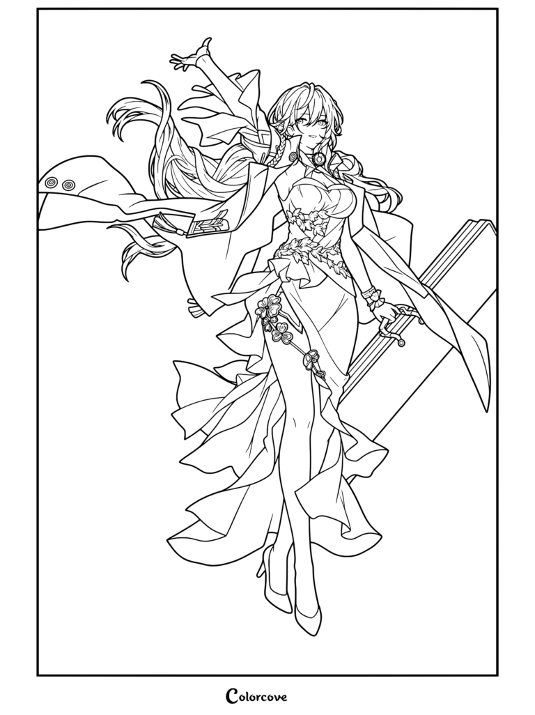 Dibujo para colorear de Honkai Star Rail con Himeko en una pose dinámica con cabello al viento y un vestido elegante