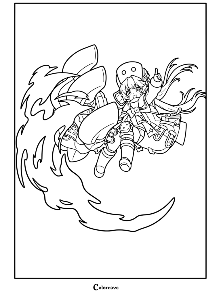 Dibujo para colorear e imprimir gratis de Honkai Star Rail con Hook, su enorme guantelete mecánico y una dinámica estela de fuego.