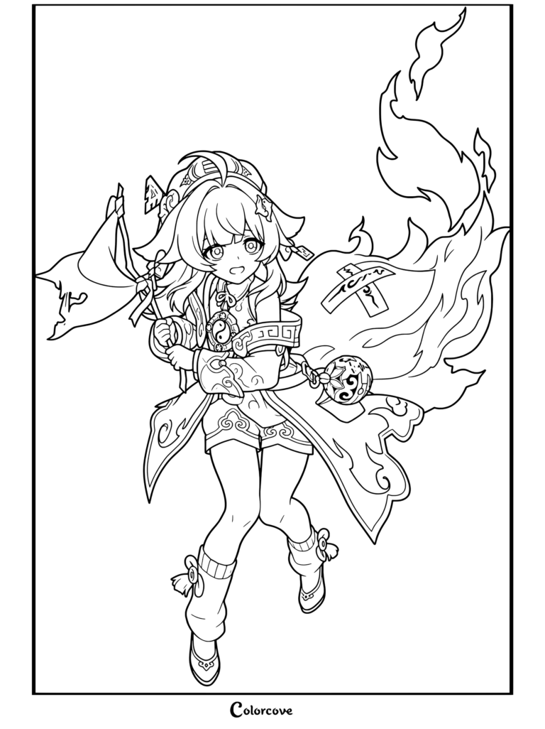 Dibujo para colorear de Huohuo de Honkai Star Rail sosteniendo una bandera con llamas espirituales de fondo.
