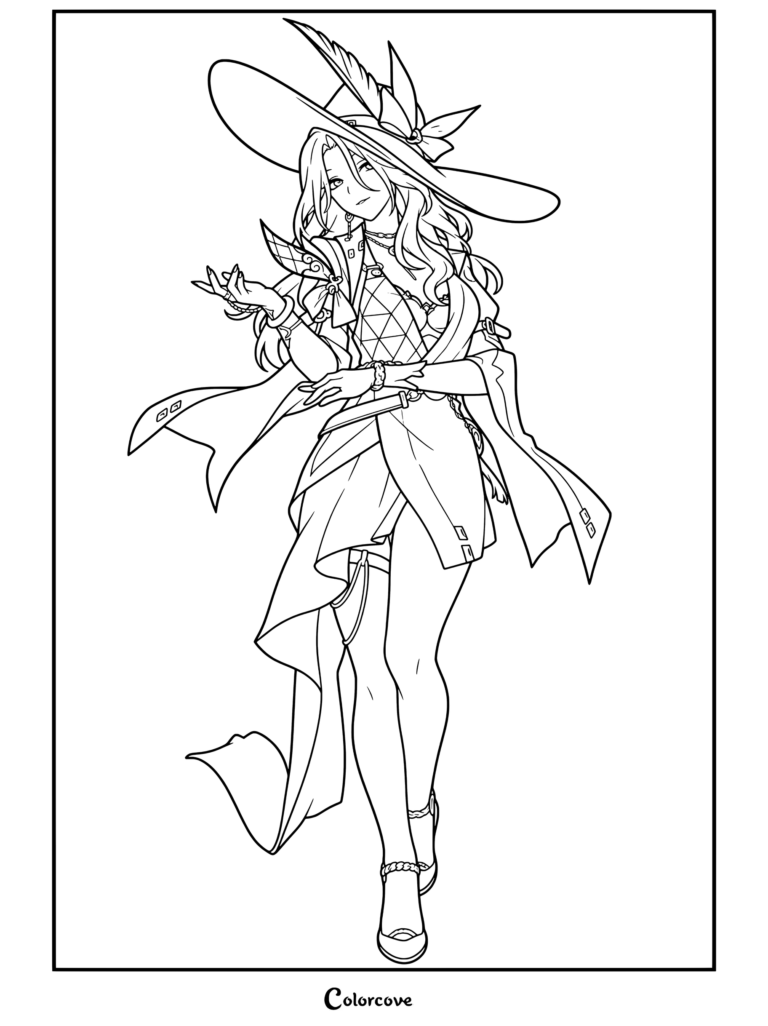 Dibujo detallado para colorear de Jade de Honkai Star Rail luciendo su elegante atuendo y su sombrero de ala ancha.