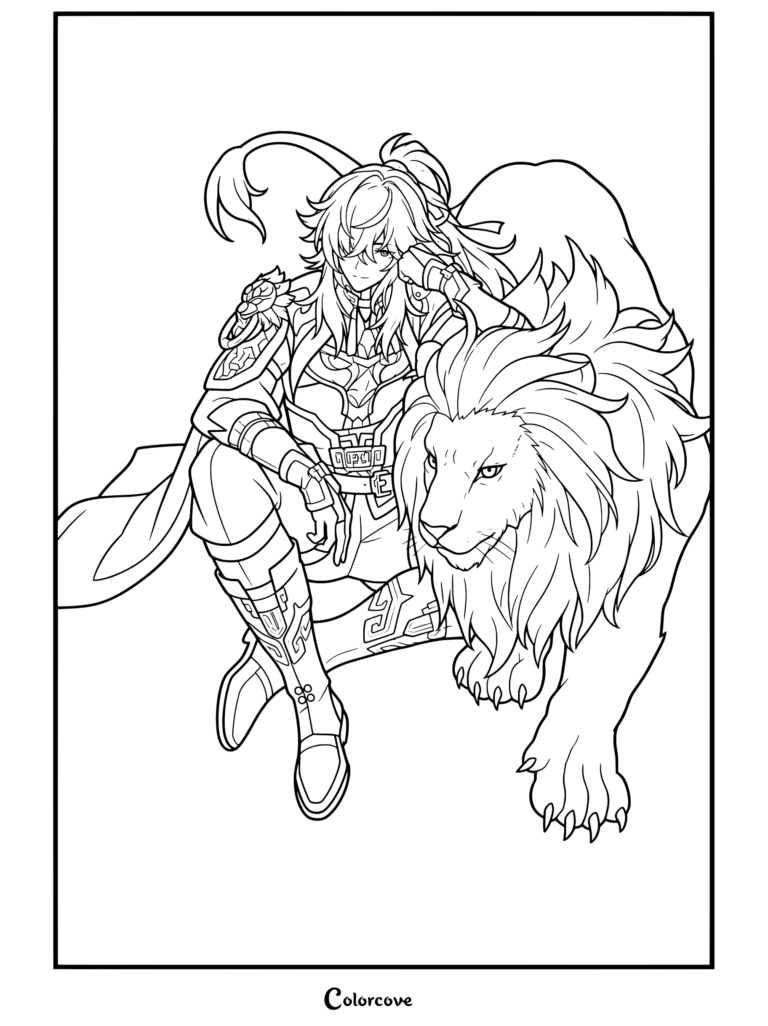 Dibujo para colorear de Jing Yuan de Honkai Star Rail posando con su leal compañero.