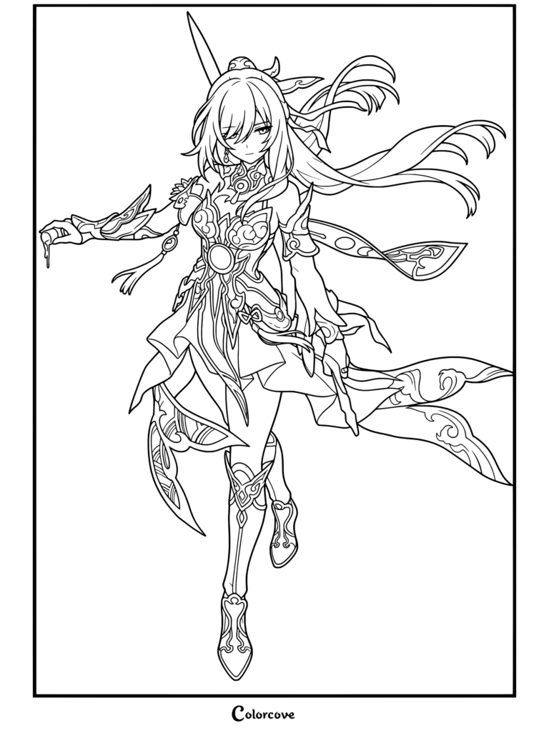 Dibujo para colorear de Jingliu de Honkai Star Rail con la legendaria maestra de la espada luciendo su emblemático atuendo y cabello suelto.