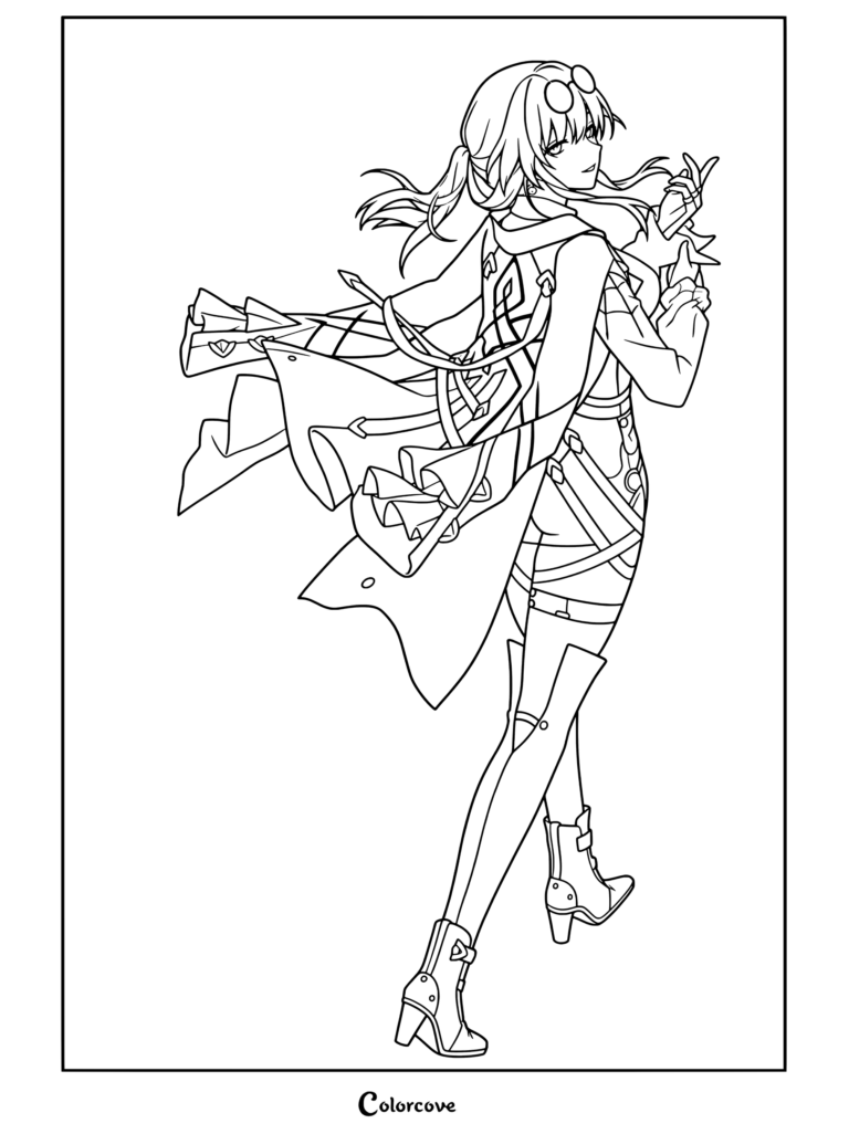 Dibujo para colorear del retrato de Kafka de Honkai Star Rail con su atuendo y pose característicos.