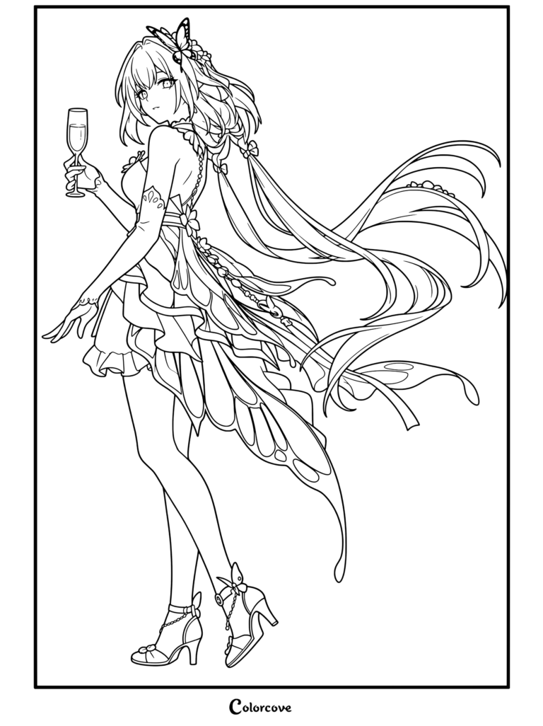Dibujo para colorear de Castorice Gossamer Flutter de Honkai Star Rail con el personaje sosteniendo una copa de champán.