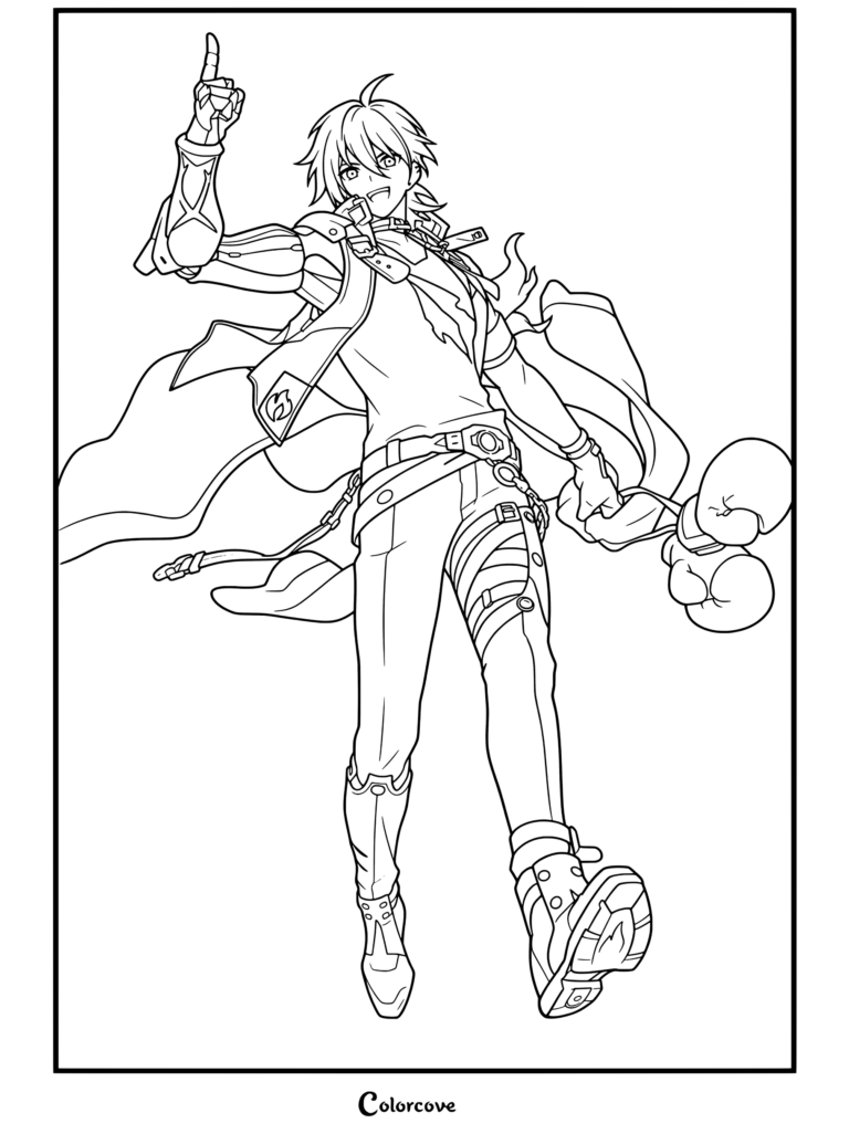 Dibujo para colorear e imprimir gratis de Luka de Honkai Star Rail en una pose segura señalando con el dedo y con guantes de boxeo.