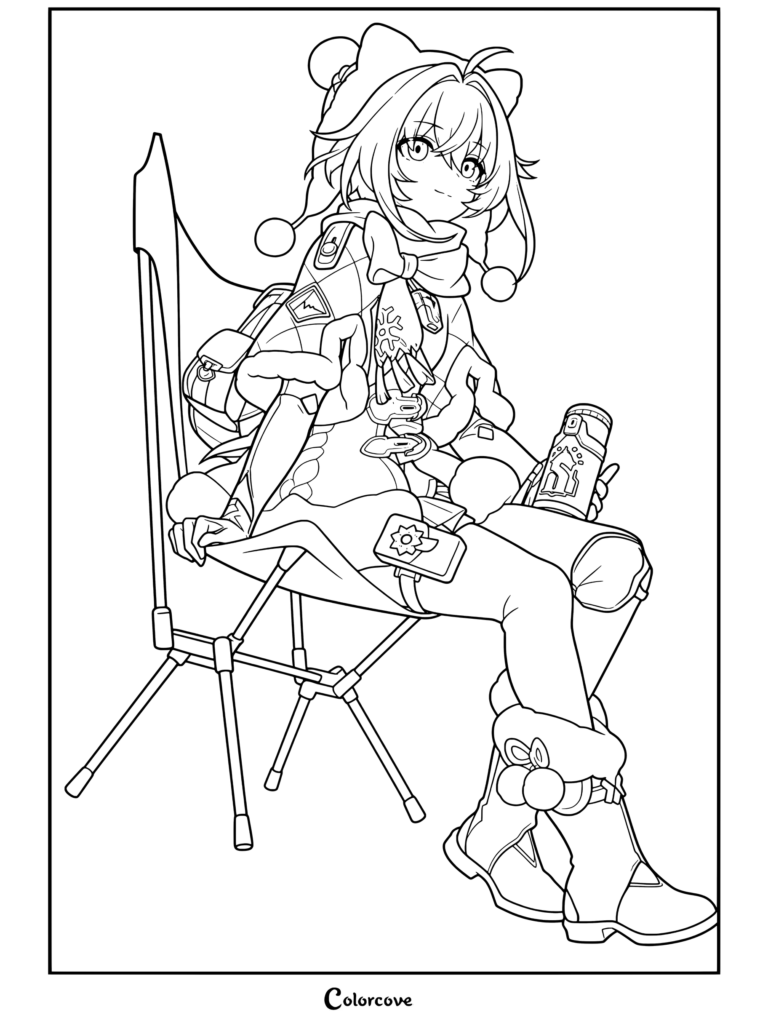 Dibujo para colorear de Lynx de Honkai Star Rail sentada en una silla de acampar plegable sosteniendo una bebida