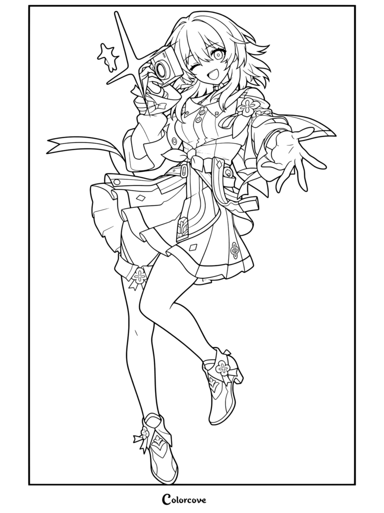 Dibujo para colorear de Honkai Star Rail con Siete de Marzo sosteniendo una cámara en su pose de inicio de sesión de 7 días