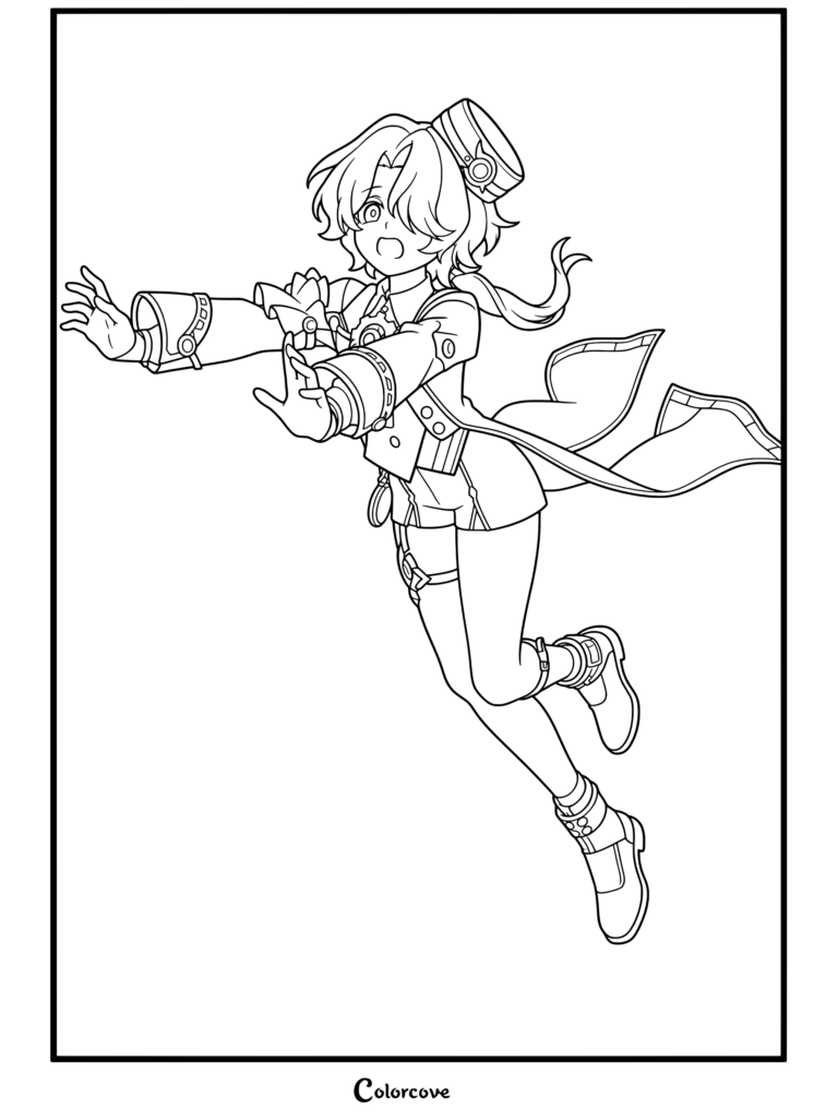 Dibujo para colorear del retrato de Misha de Honkai Star Rail con el botones en una pose dinámica.