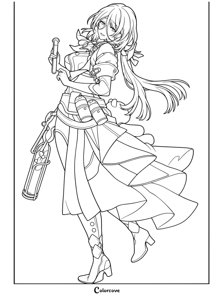 Dibujo para colorear de Honkai Star Rail con Natasha sosteniendo un vial médico en un detallado retrato del personaje.