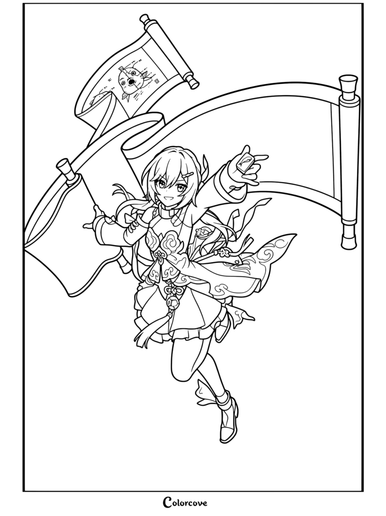 Dibujo para colorear de Qingque de Honkai Star Rail sosteniendo pergaminos.