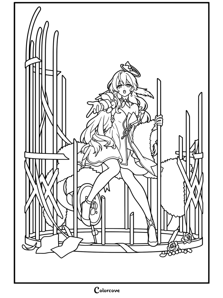 Dibujo para colorear de Robin de Honkai Star Rail con Robin sentada dentro de una jaula con su atuendo de retrato.