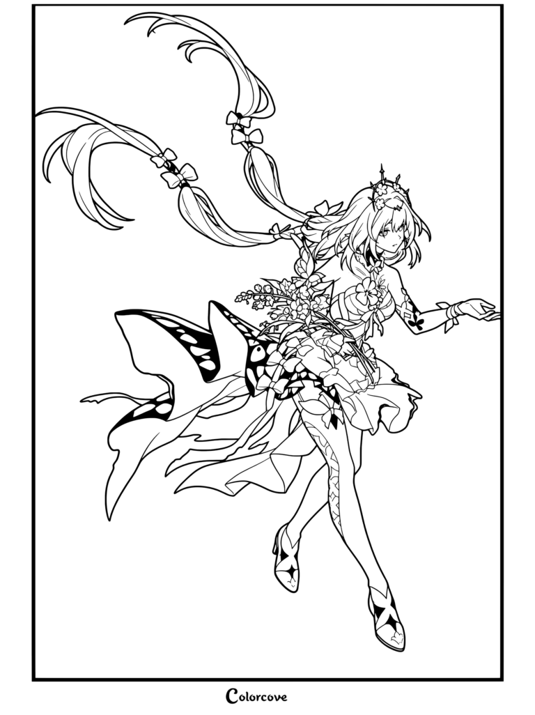 Dibujo para colorear del retrato de Castorice de Honkai Star Rail con larga melena ondulante y motivos de mariposas.