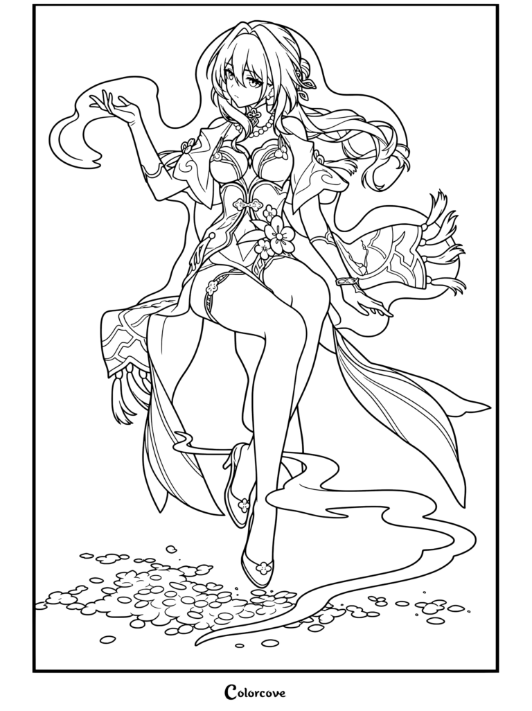 Dibujo detallado para colorear de Ruan Mei de Honkai Star Rail posando con elegancia entre pétalos de flores flotantes.